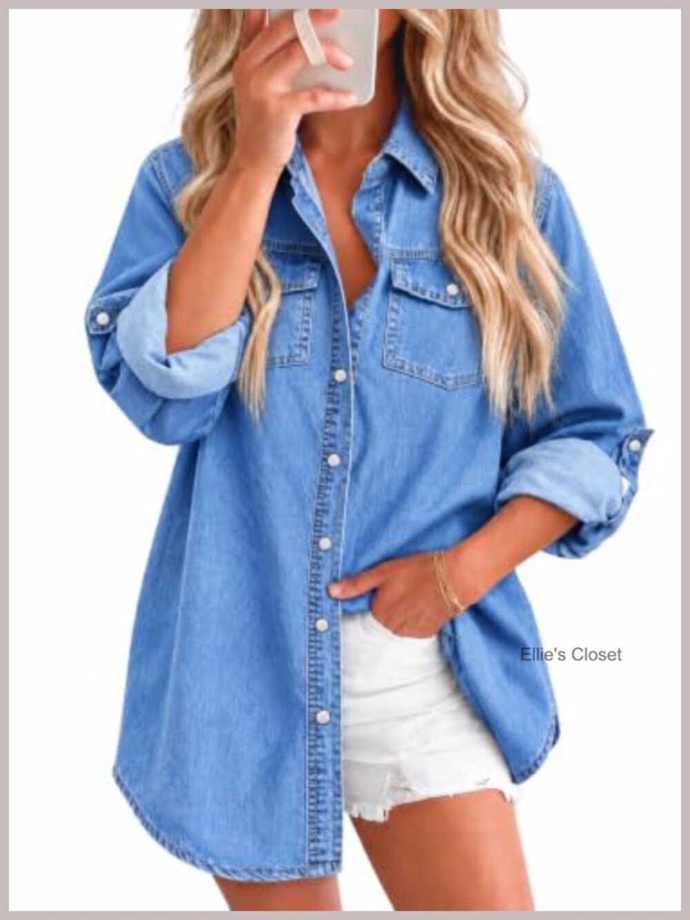 Women's Denim Button Down Shirt Long Sleeve Fringe Hem Loose Fit